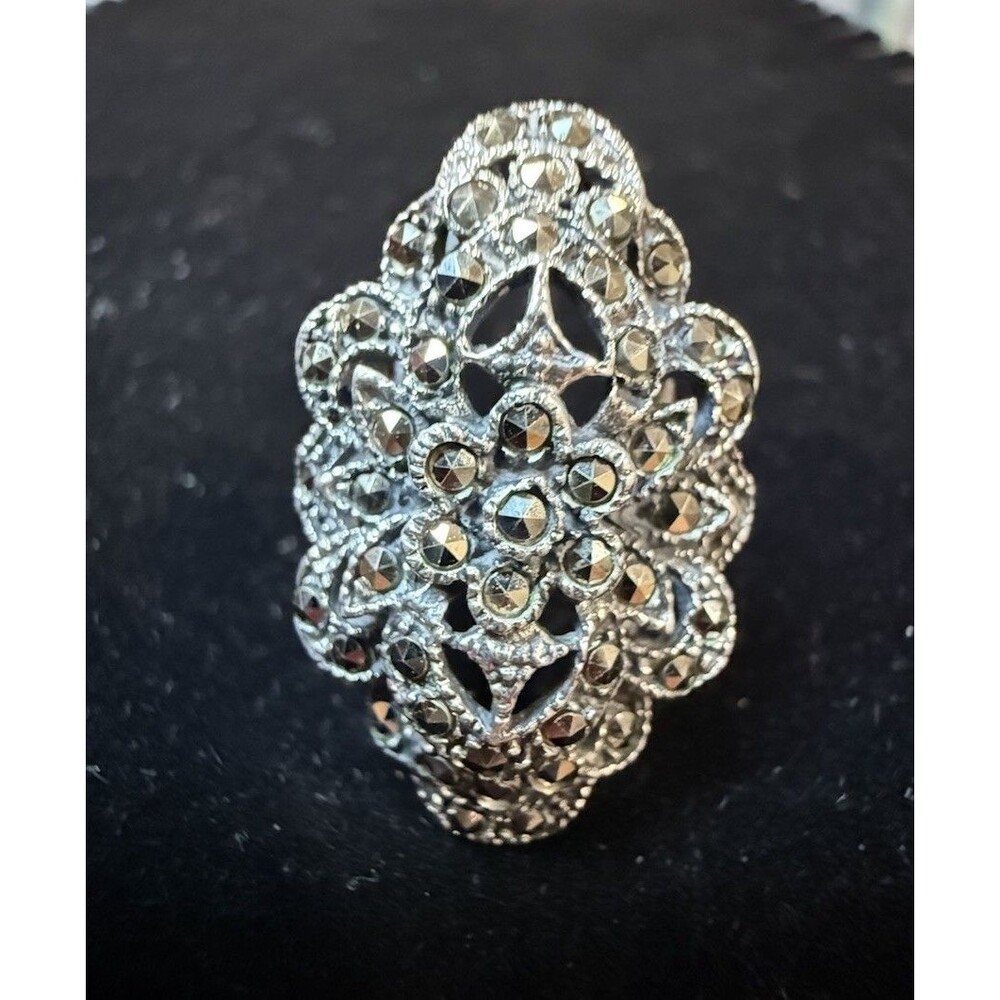 Vintage 925 Sterling Silver Marcasite Floral Ring Size 6